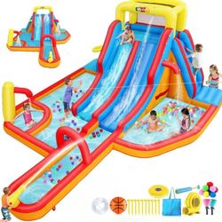 Inflatable Water Slide with 620W Blower, Bounce House for Big Kids with Slide, Pool, Shower Area, Climbing Wall, Water Cannon, Basketball Frames, Infl