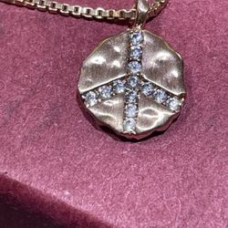 Diamond Peace Hammered Round Sign Pendant 18K Rose Gold Plated 18" Box Chain New ITALY