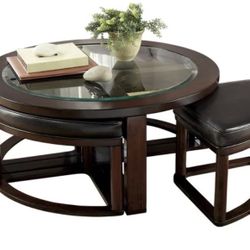 Ashley Furniture Signature Design Marion Cocktail Table with 4 Stools – Dark Brown, 40” Round
