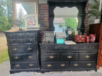 Vintage Black Wood Bedroom Set – Tallboy, Long Dresser, Mirror & Nightstand (DIY / TLC)