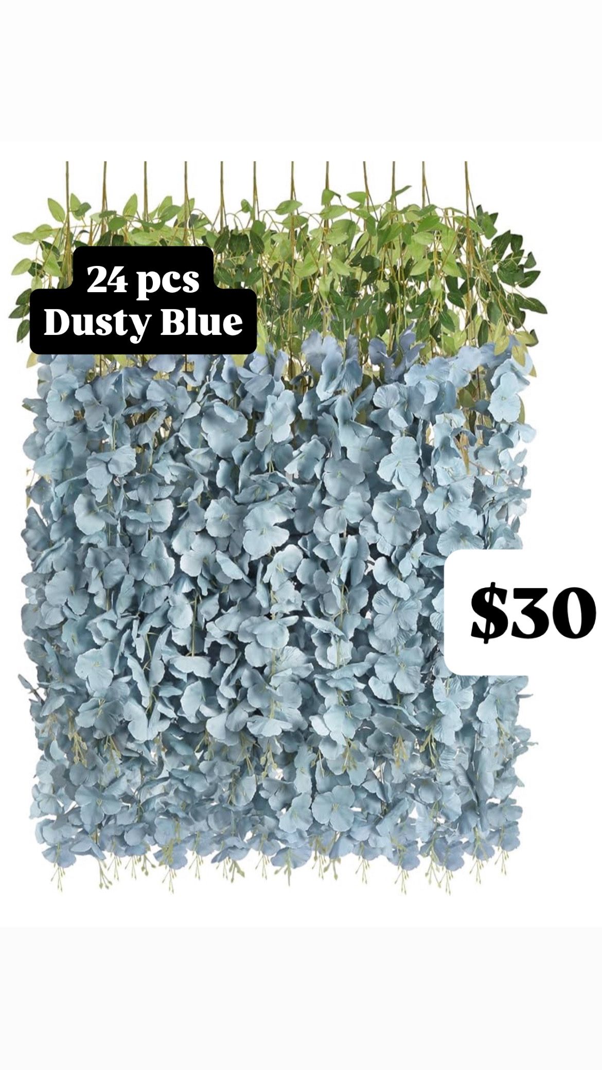 24 PCS 3.6Ft Artificial Wisteria Hanging Flowers Dusty Blue Fake Hanging Flowers Garland Silk Flowers Rattan String Faux Wisteria Vine for Garden Home