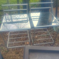 Set Of 2 Metal Tables And Glass The Glass Does Come Off With A Shelf On The Bottom 