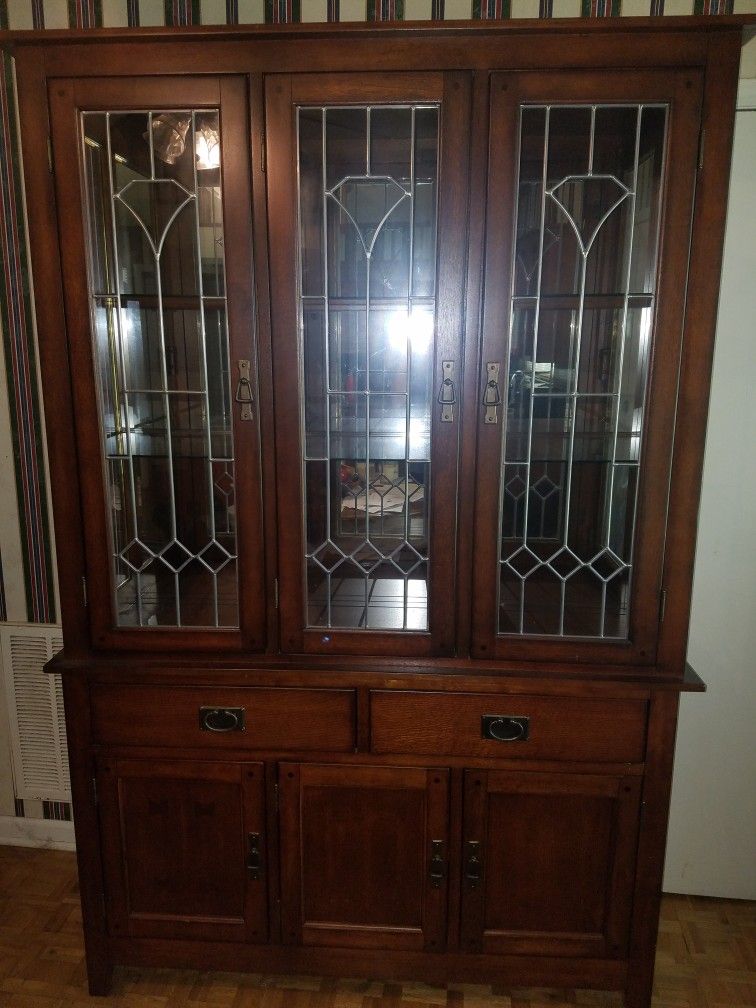 Antique Lighted Cherry Buffet & Hutch w/ Glass Shelves