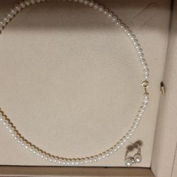 Collar De Perlas Con Broche De Oro  Y Anillo De Perlas Con Diamantes 14k Oro 