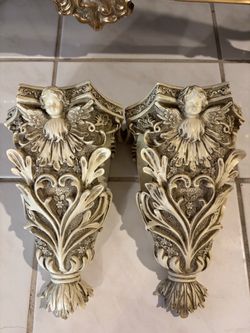 Pair of Baroque Cherub Wall Sconce Brackets Rod Holders
