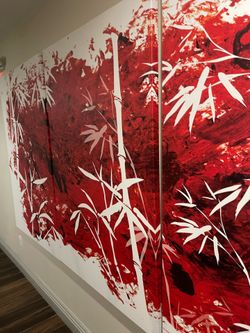 Huge Maxwell Dickinson Sunset Bamboo Crimson Bamboo Wall Art Set 10’ Wide