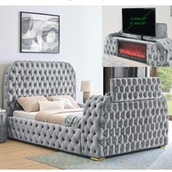 Grey velvet bed frame with gold legs faux fireplace decking boards to replace box spring brand new in box firm price Queen $860 King $980