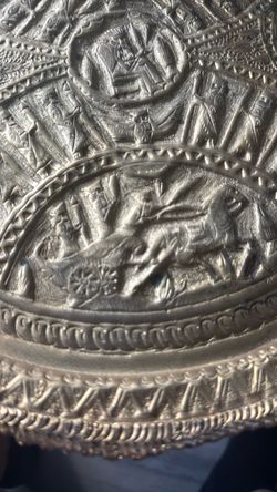 Ornate Silver-Tone Embossed Metal Decorative Plate