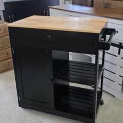 Modern Wood Kitchen Island Cart on Wheels with Towel Rack and Drawer