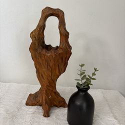 Vintage Hand Carved Wood Basket 