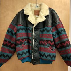 Vintage Aztec Print Leather Wool Sherpa Lined Midwest Garment Co Size L