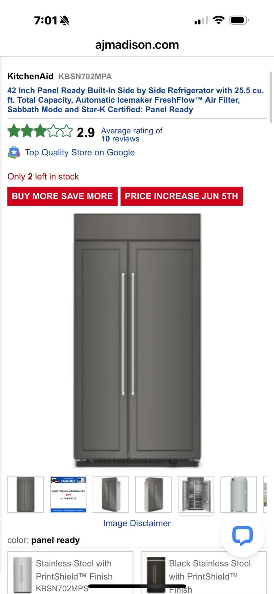 KitchenAid 42” Panel Ready Side-by-Side Built-In Refrigerator (Model: KBSN702MPA)