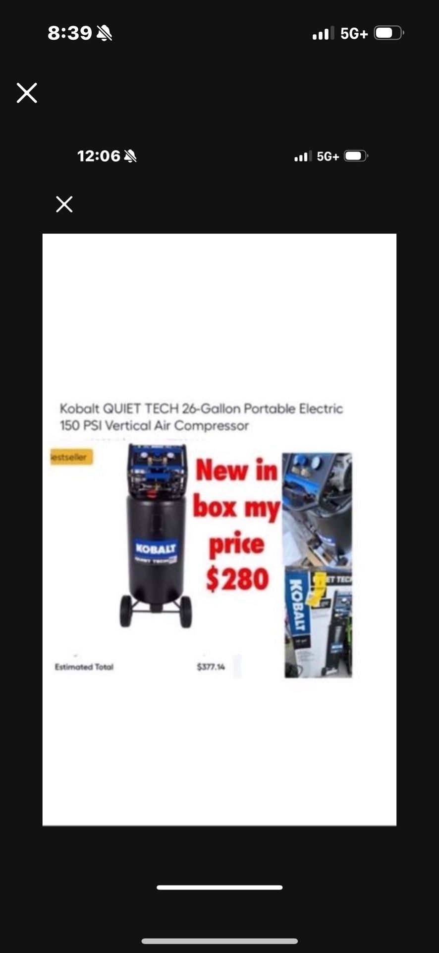 Brand new in box Kobalt QUIET TECH 26-Gallon Portable Electric 150 PSI Vertical Air Compressor $280 firm don’t ask nothing lower cash only East Palmd