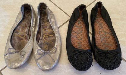 Lot 2 Sam Edelman Ballet Flats Size 8.5 M Silver Felicia & Black Spiked Beatrix