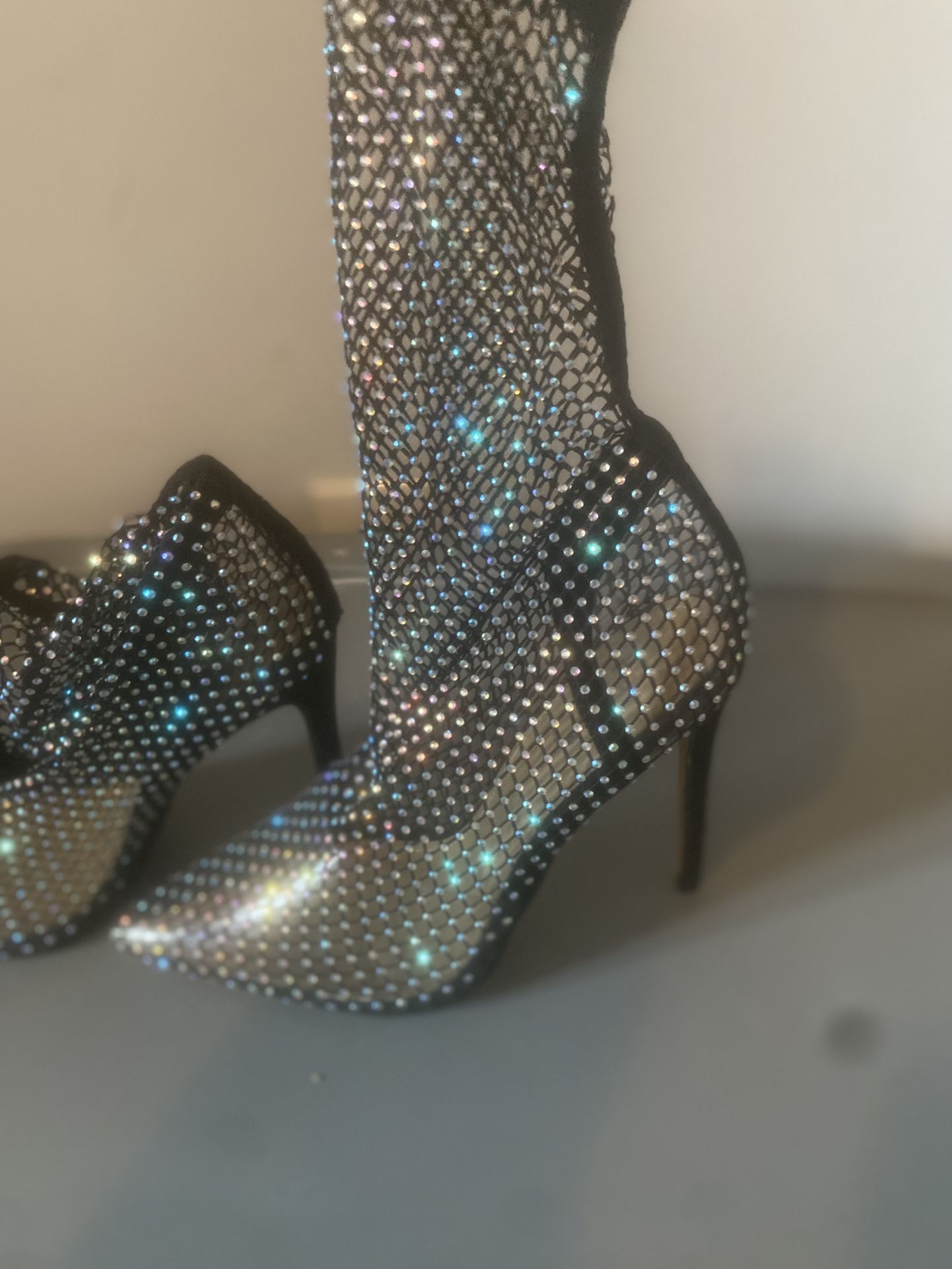 Black Fishnet Rhinestone Boots Brand Ego Offical 