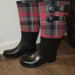 UGG AUSTRALIA SABENA 3457
 RUBBER WOMEN RAIN BOOTS PLAID BLACK  