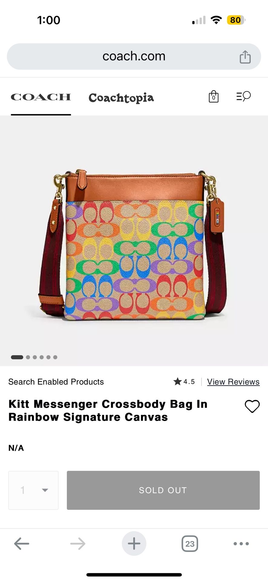 COACH Brand New/Tags On Kitt Messenger Crossbody Bag In Leather, pride, rainbow SOLD OUT