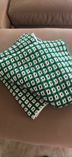 New Handmade Crocheted Green and White Throw/Blanket