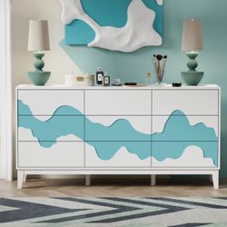9 Drawer 63" W Flowing Water Pattern Dresser，White&Blue