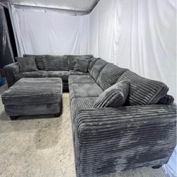 Gray Corduroy Sectional Couch With Ottoman 