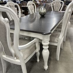 Farmhouse Dining Table With 6 Chairs - 2 Tone Dark Walnut Top & Off White Legs