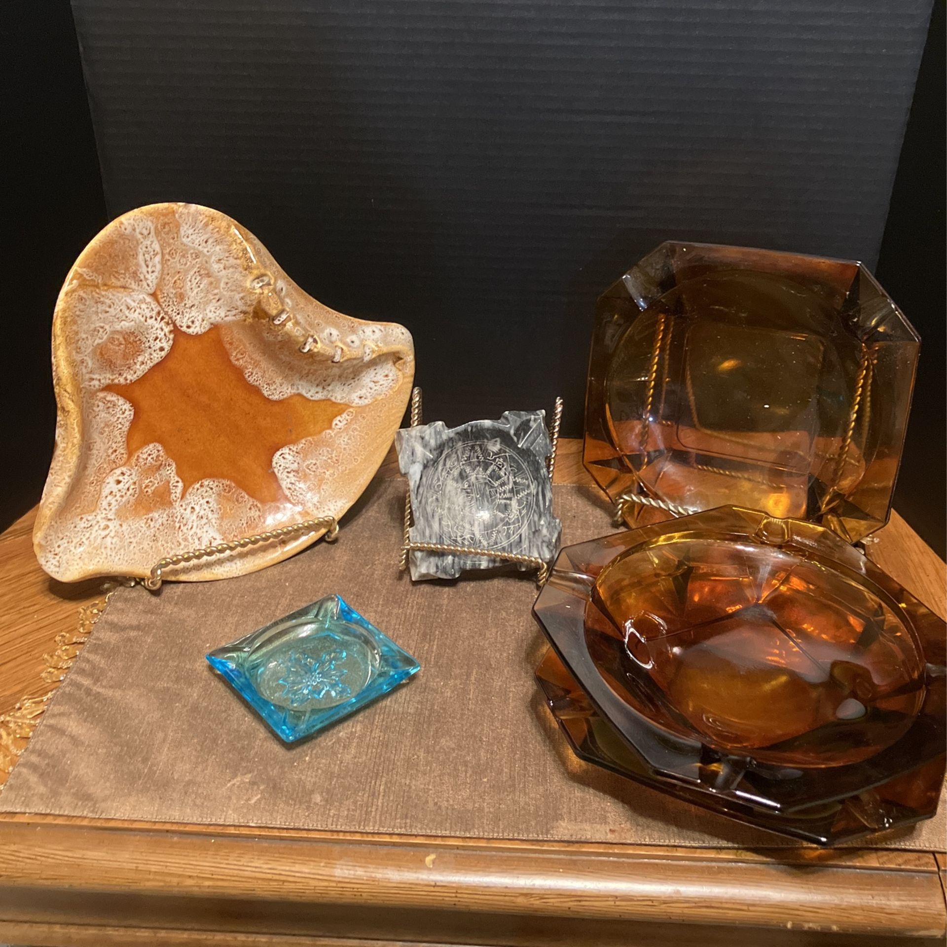 Vintage Glass Ashtrays-Amber, California Drip, Mexican Marble & Hazel Atlas Turquoise Ashtrays