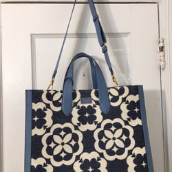Kate Spade Flower Monogram Manhattan Chenille Large Blue and Cream Floral Tote Bag. Size dimensions 7x13x16.5 . 100% perfect and excellent condition .