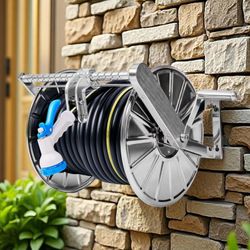 Stainless Steel Wall-Mounted Garden Hose Reel, Heavy-Duty Water Hose Holder for Tangle-Free Storage, 5ft Leader Hose, Holds 150 Ft of 5/8-Inch
