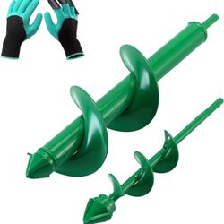 Auger Drill Bit 2 PCS Set with Garden Gloves for Planting Hole Drill Planter Auger Spiral Hole Drill Bit Bulb Bedding Digging Post Hole Planting Tool