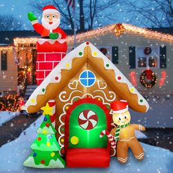 7 FT Christmas Inflatables Santa Claus Gingerbread House Tree Decoration LED Holiday Lawn Yard Garden Home Indoor Outdoor