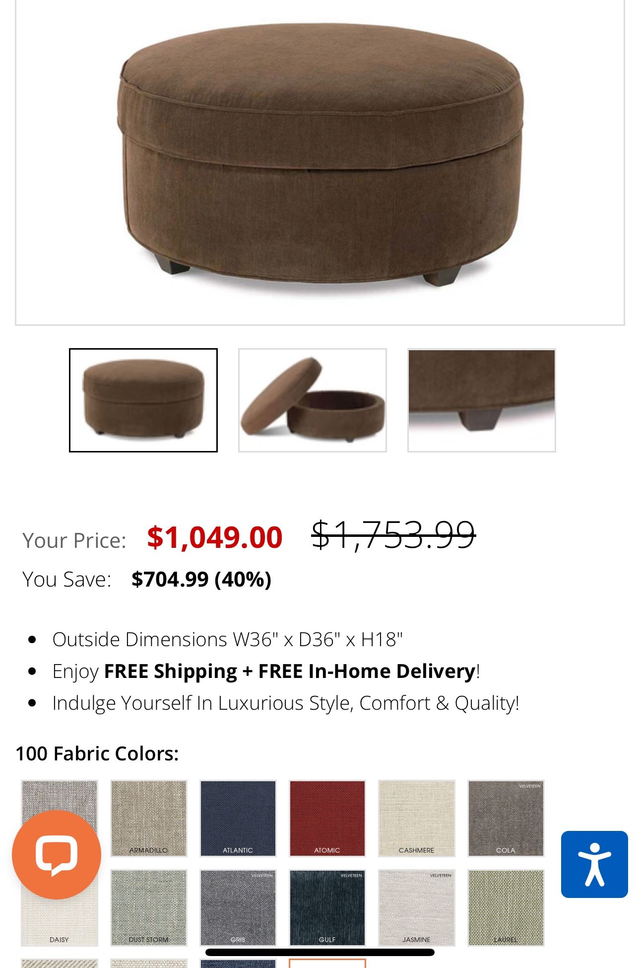 Dexter 36 Inch Round Large Fabric Upholstered Storage Ottoman Designer Style" round storage fabric ottoman features fully removeable top and roomy up