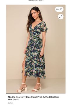 NWOT- Next to You Navy Blue Floral Print Ruffled Backless MIDI Dress