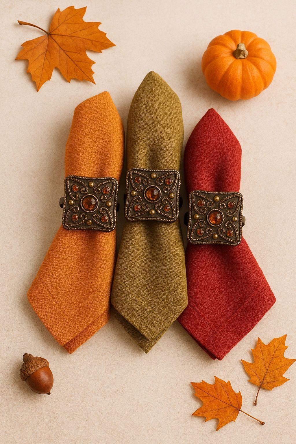 Metal Napkin Rings Antique Brass Brown Square Beaded Amber Jewels Holders  8 Pcs