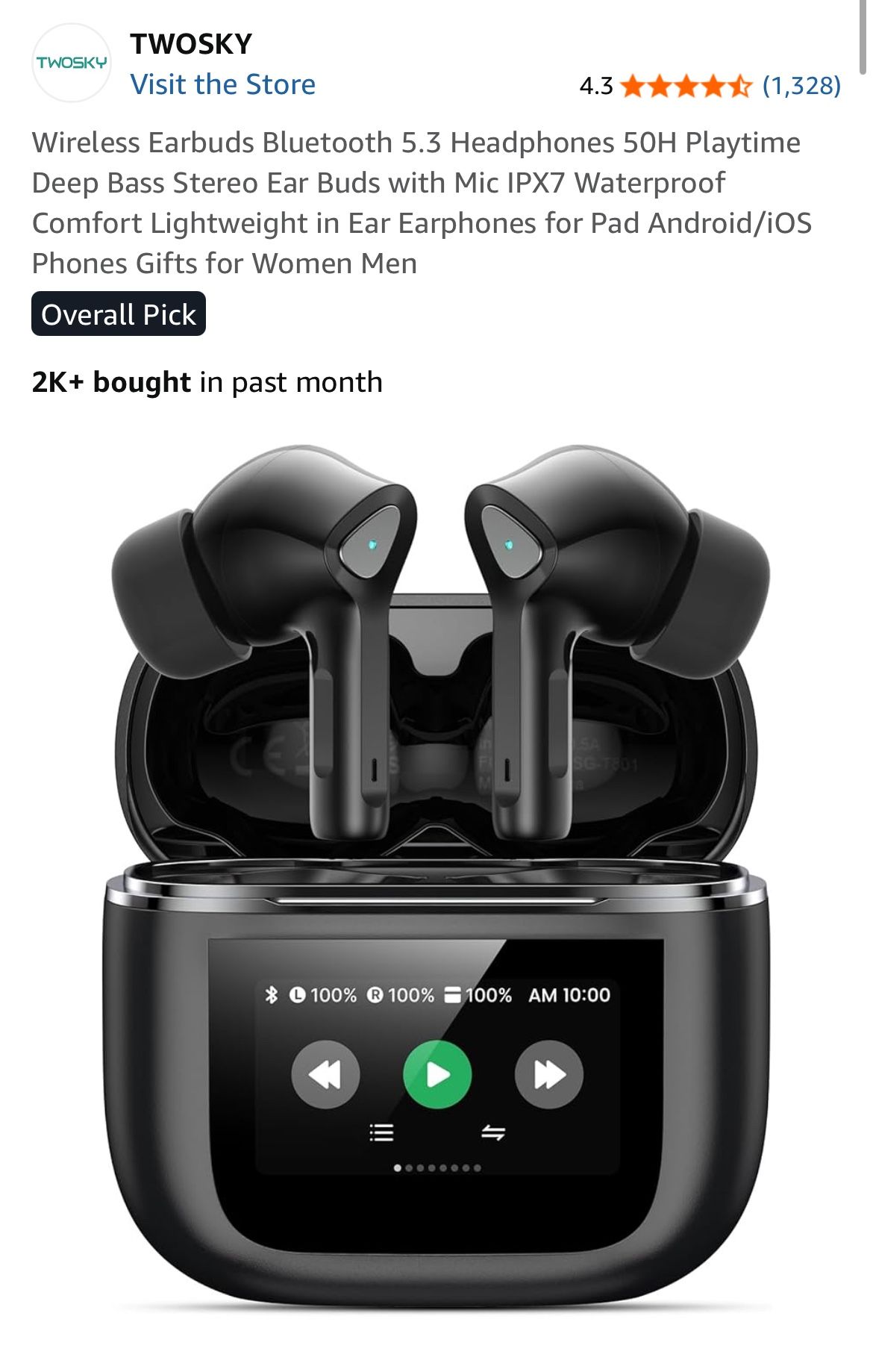 Wireless Earbuds Bluetooth 5.3 Headphones 50H Playtime Deep Bass Stereo Ear Buds with Mic IPX7 Waterproof Comfort Lightweight in Ear Earphones for Pad