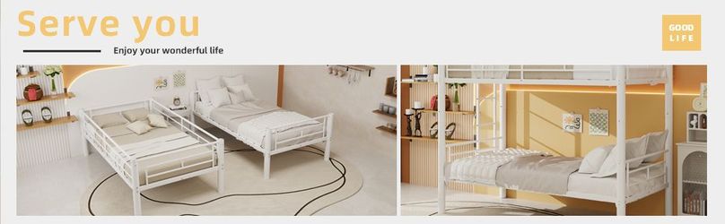 Twin Over Twin Metal Bunk Bed for Kids Boys Girls,Metal Structure Bedframe with Ladders & Guardrail,Convertible 2 Beds,White