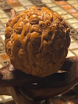 Vintage Chinese Hand Carved Hedaio Walnut  Monks with Dragon and Tiger Depicted