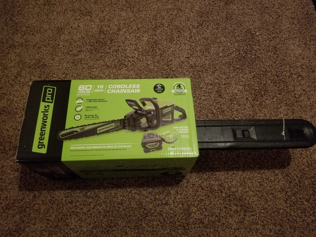 GreenWorks Pro Chainsaw 60V 16in Chainsaw Cordless Brushless with 2Ah Battery and Charger