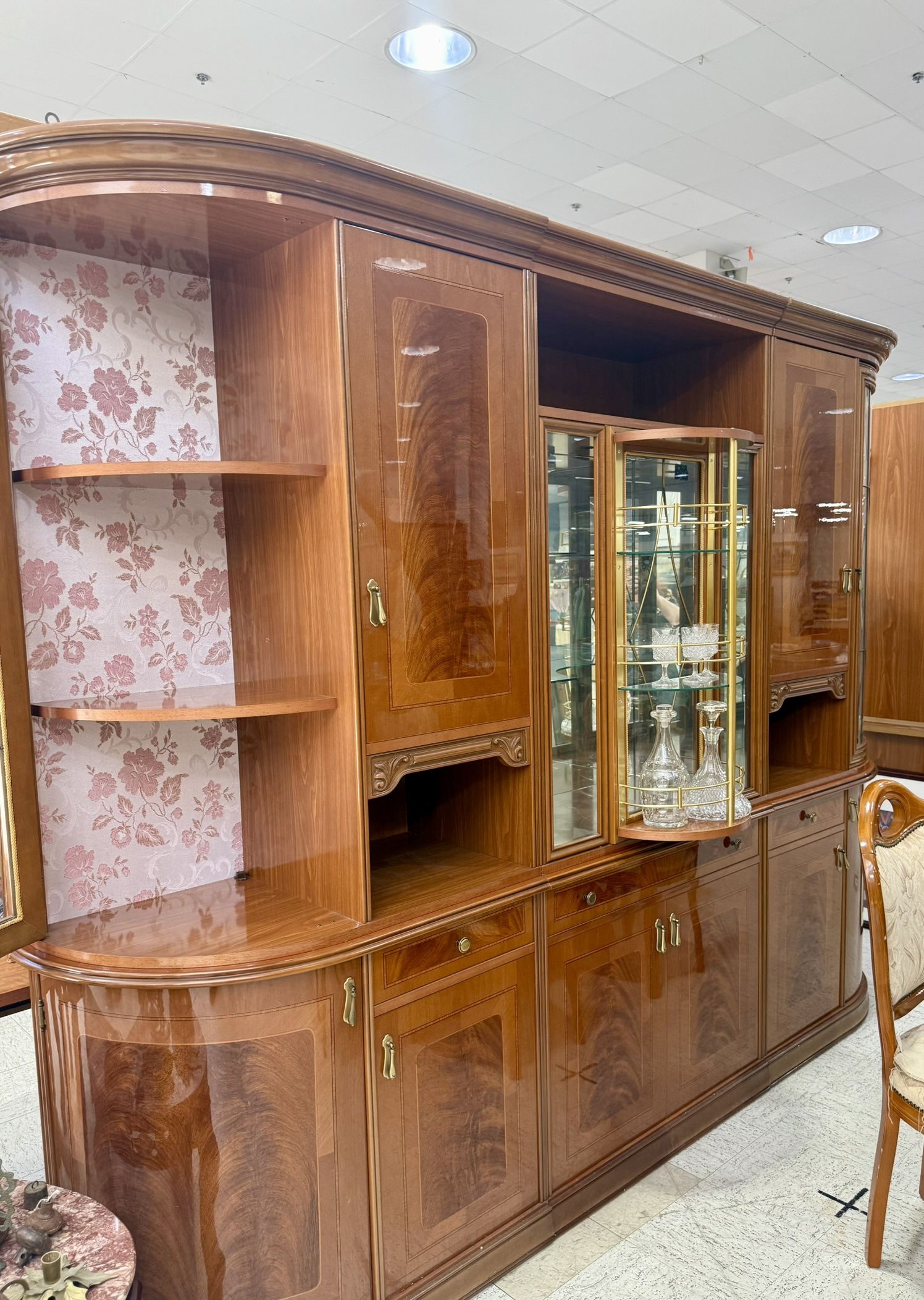 Vintage European Wall Unit China Cabinet | Glossy Walnut & Mahogany Finish | Gold Trim Glass Display