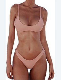 NWT SherryDC Women's Size M Solid Scoop Neck Push Up Padded Brazilian Thong Bikini