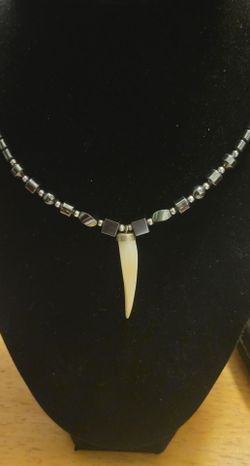 Hematite Necklace with Pendant Tooth and Bracelet