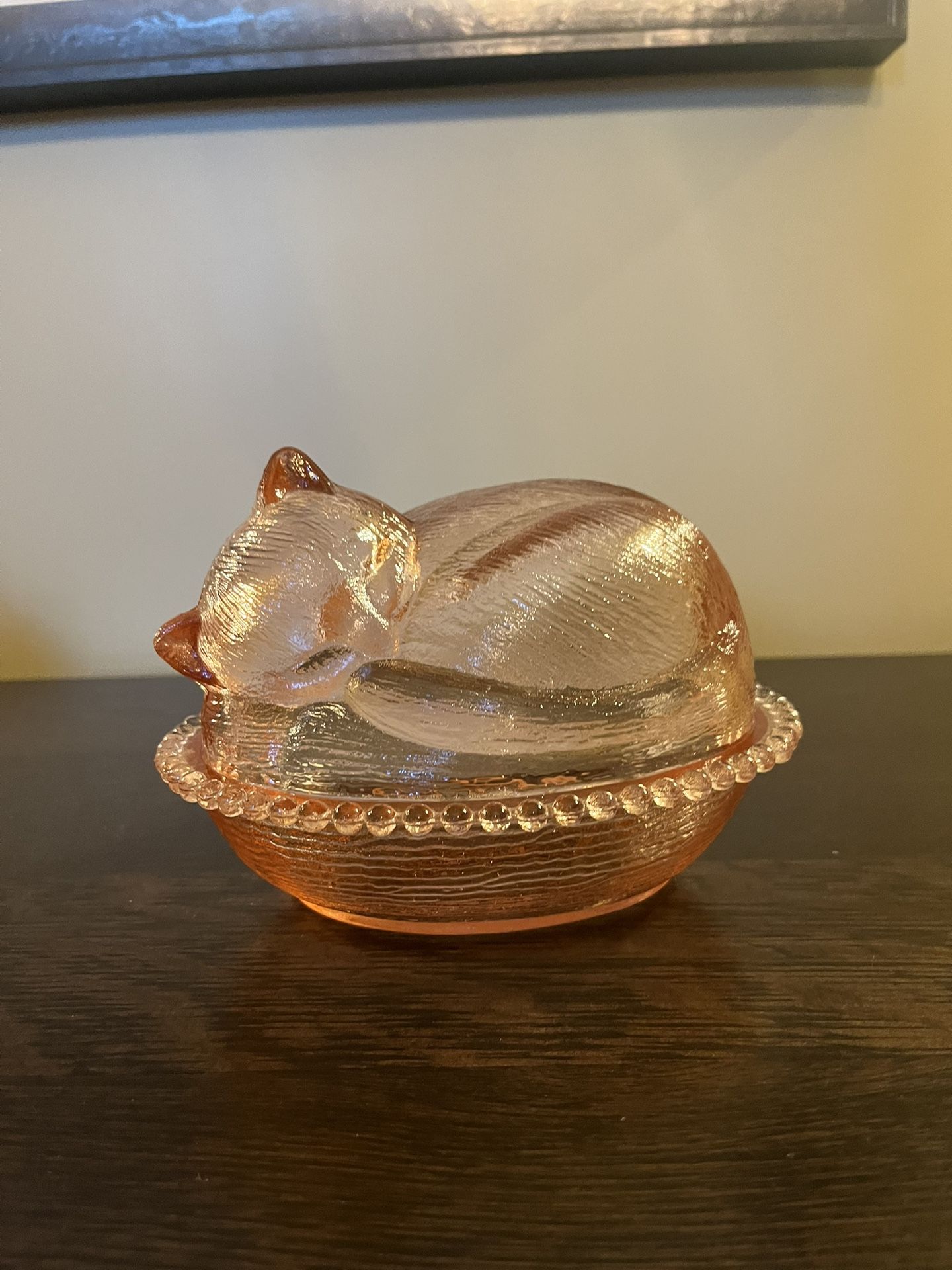 Vintage Indiana Glass Rose Pink Glass Sleeping Cat on Basket Nest Candy Dish
