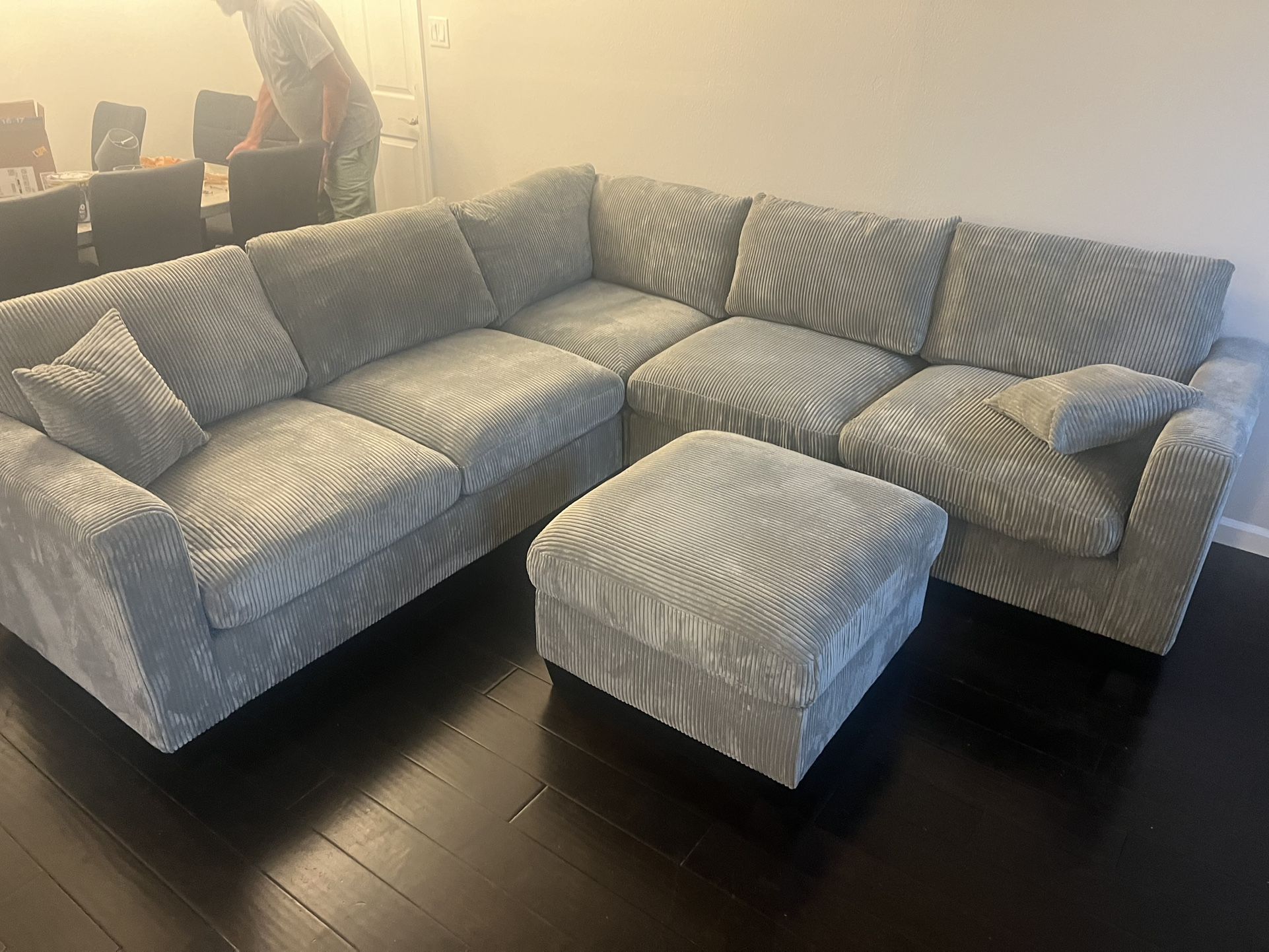 New Corduroy Sectional. Grey. 99” X 99”. Free Delivery!