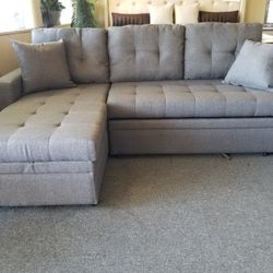 Brand New 87" x 57" Tufted Gray Linen Sectional With Sofa Sleeper
