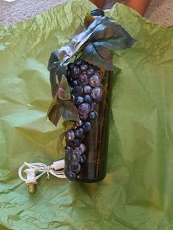 Repurposed Wine Bottle with Grapes Design & LED Lighhts