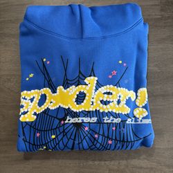 Blue and Yellow Sp5der Hoodie for Men and Women