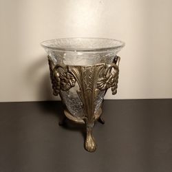 Vtg. Crackled Glass w/ Brass Stand Candle Holder Bowl / Vase