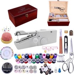 Hand Held Sewing Machine with Red Wooden Sewing Box