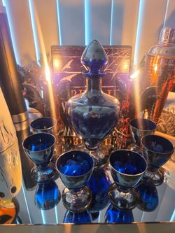 Vintage Venician Cobalt Blue Glass & Silver Decanter Set