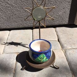 Garden ceramic glazed clay pot 3”dx3”h sun plate 10”tallx2”dx5”w