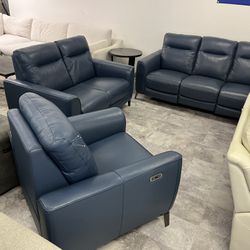 Navy Blue Genuine Leather Sofa , Loveseat & Matching Recliner 